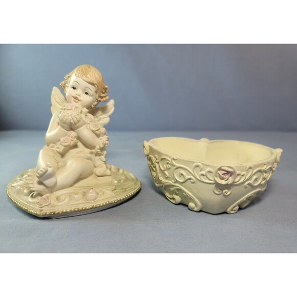 Cherub Trinket Heart Box Bisque Angel w/ Roses Jewelry Valentine Carved Case - Picture 10 of 12